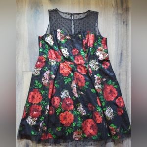 Covington A line dress, red and green flowers, sheer polka dot overlay, Size 22